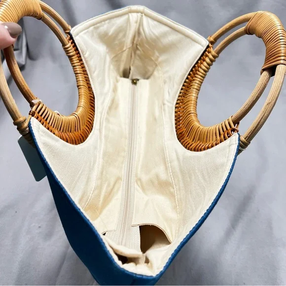 Straw Studios Blue Denim Handmade Rattan Trimmed Zipper Close Tote Handbag - Picture 4 of 14